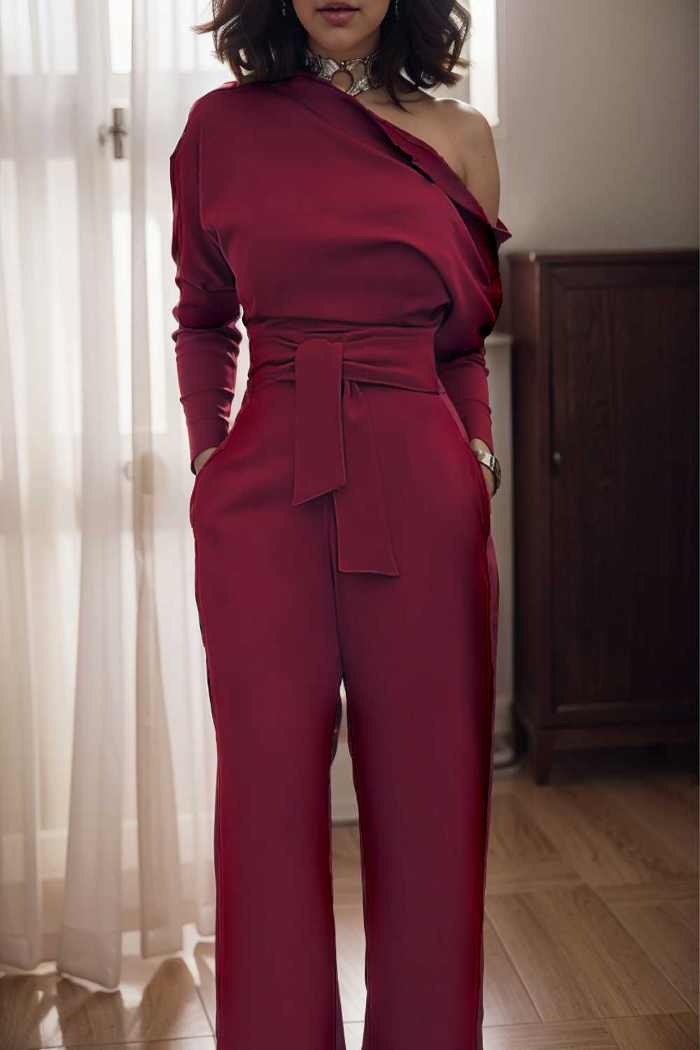 solid color one shoulder short sleeve jumpsuit 112236