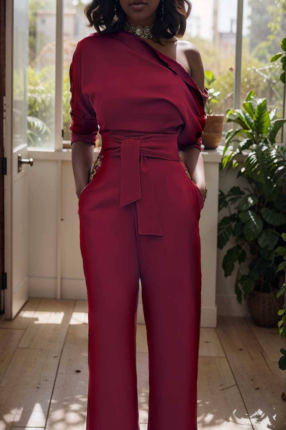 solid color one shoulder short sleeve jumpsuit 108474