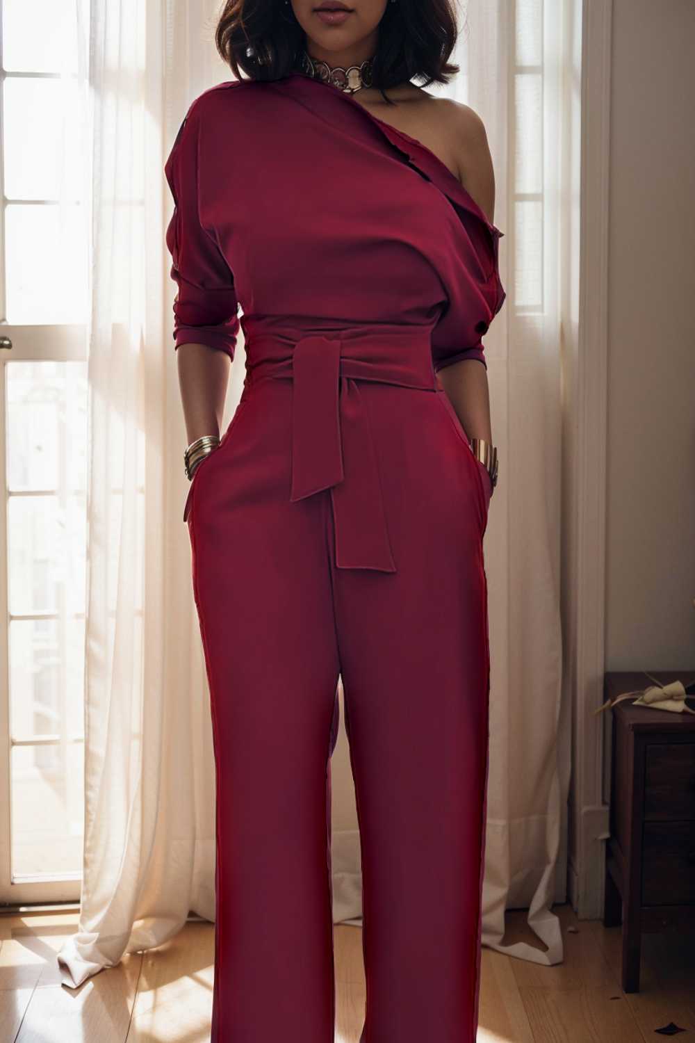 solid color one shoulder short sleeve jumpsuit 112234