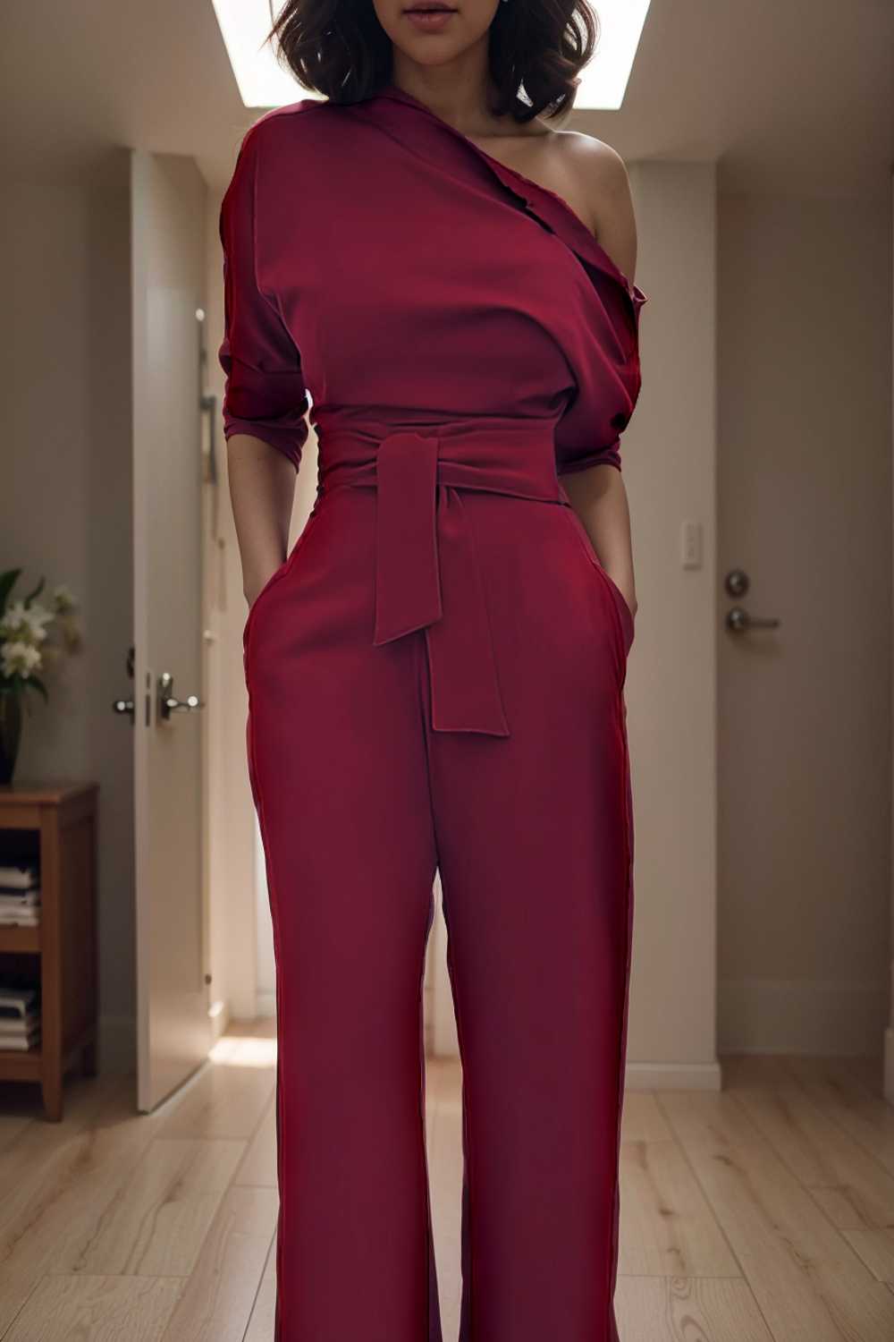 solid color one shoulder short sleeve jumpsuit 108471