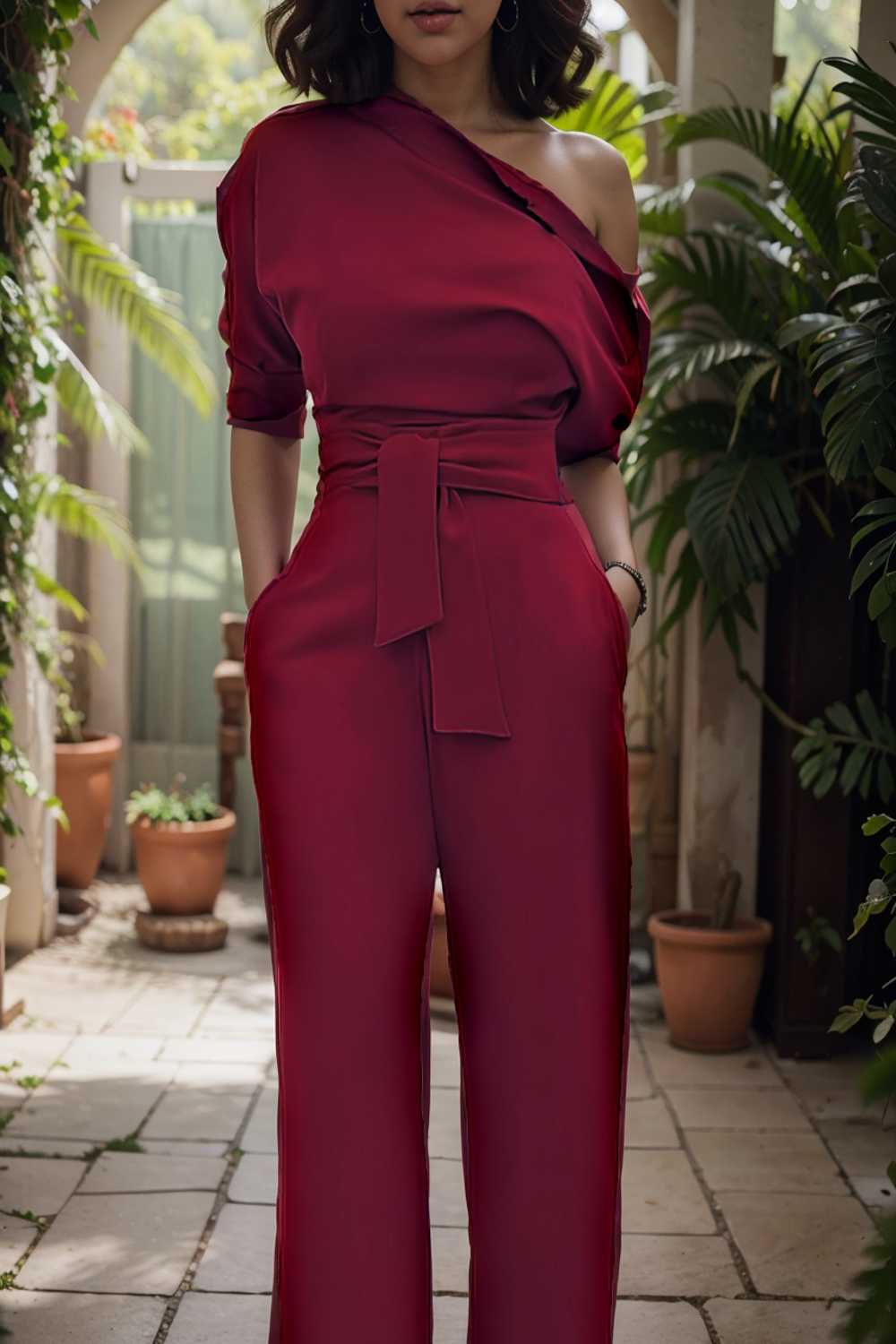 solid color one shoulder short sleeve jumpsuit 108470