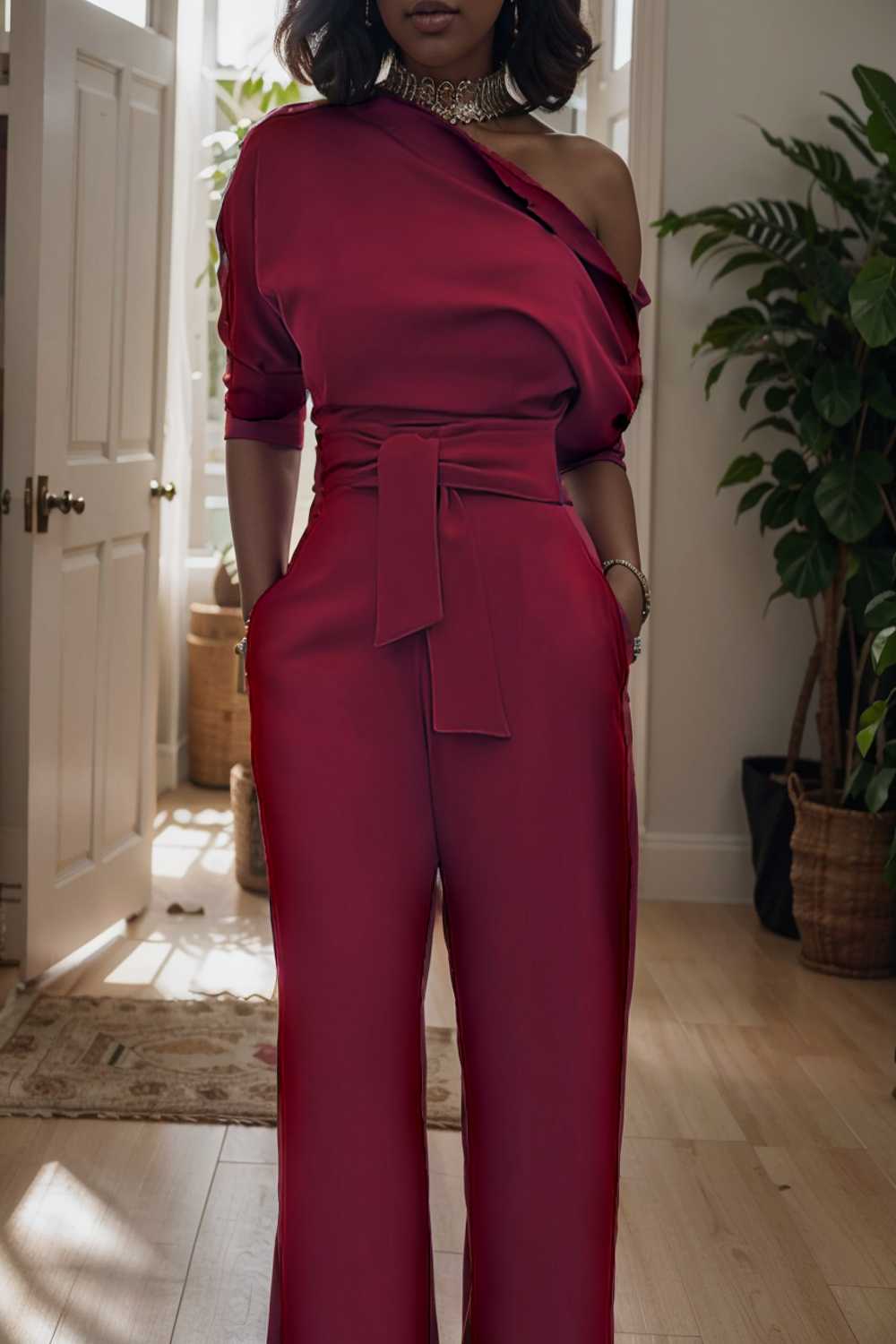 solid color one shoulder short sleeve jumpsuit 112231