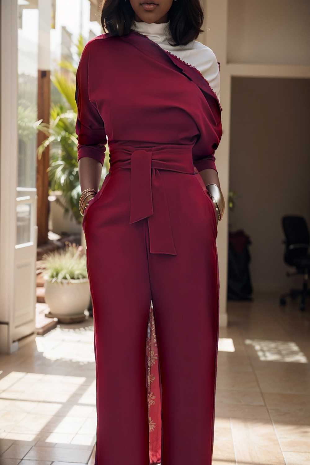 solid color one shoulder short sleeve jumpsuit 112230