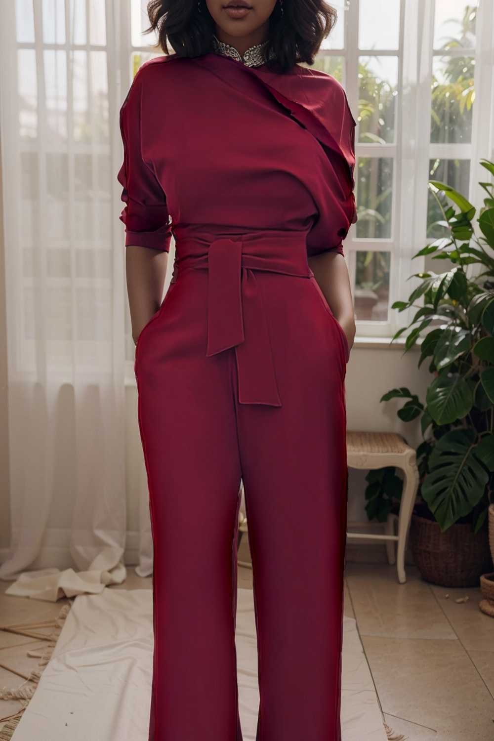 solid color one shoulder short sleeve jumpsuit 112229