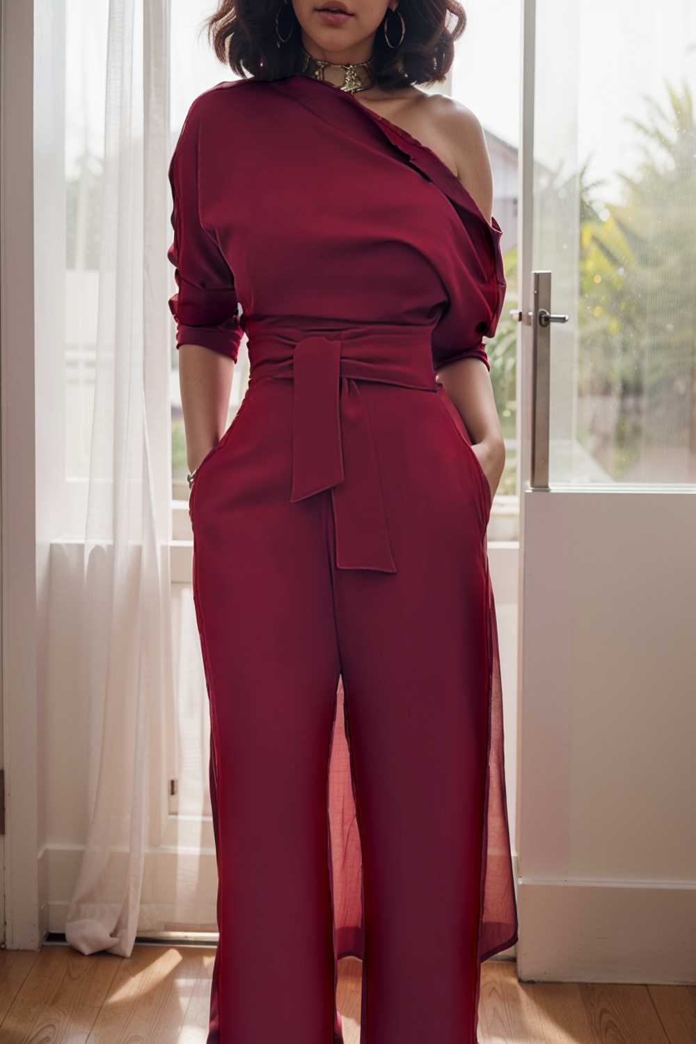 solid color one shoulder short sleeve jumpsuit 112226