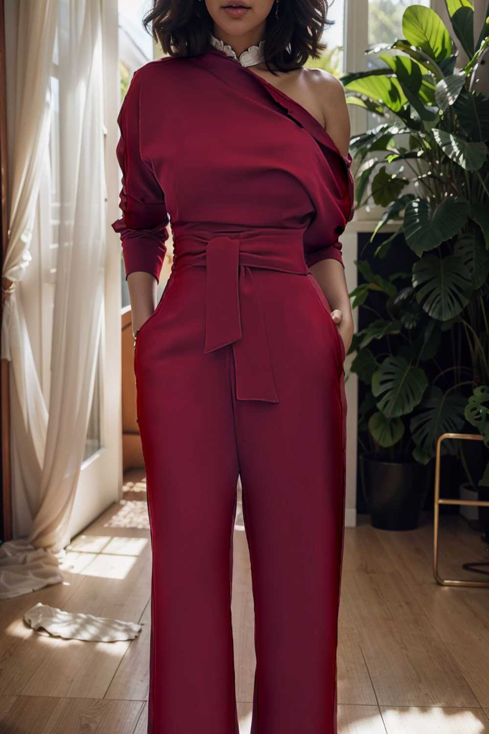 solid color one shoulder short sleeve jumpsuit 112225