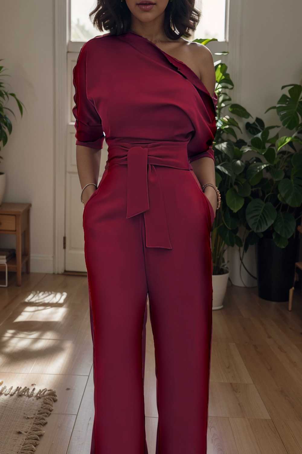 solid color one shoulder short sleeve jumpsuit 112224