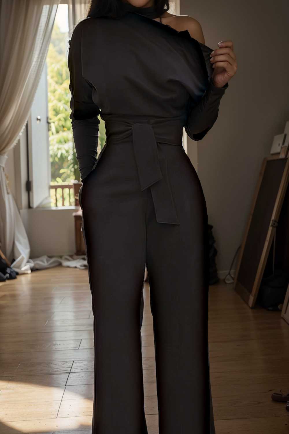 solid color one shoulder short sleeve jumpsuit 111093