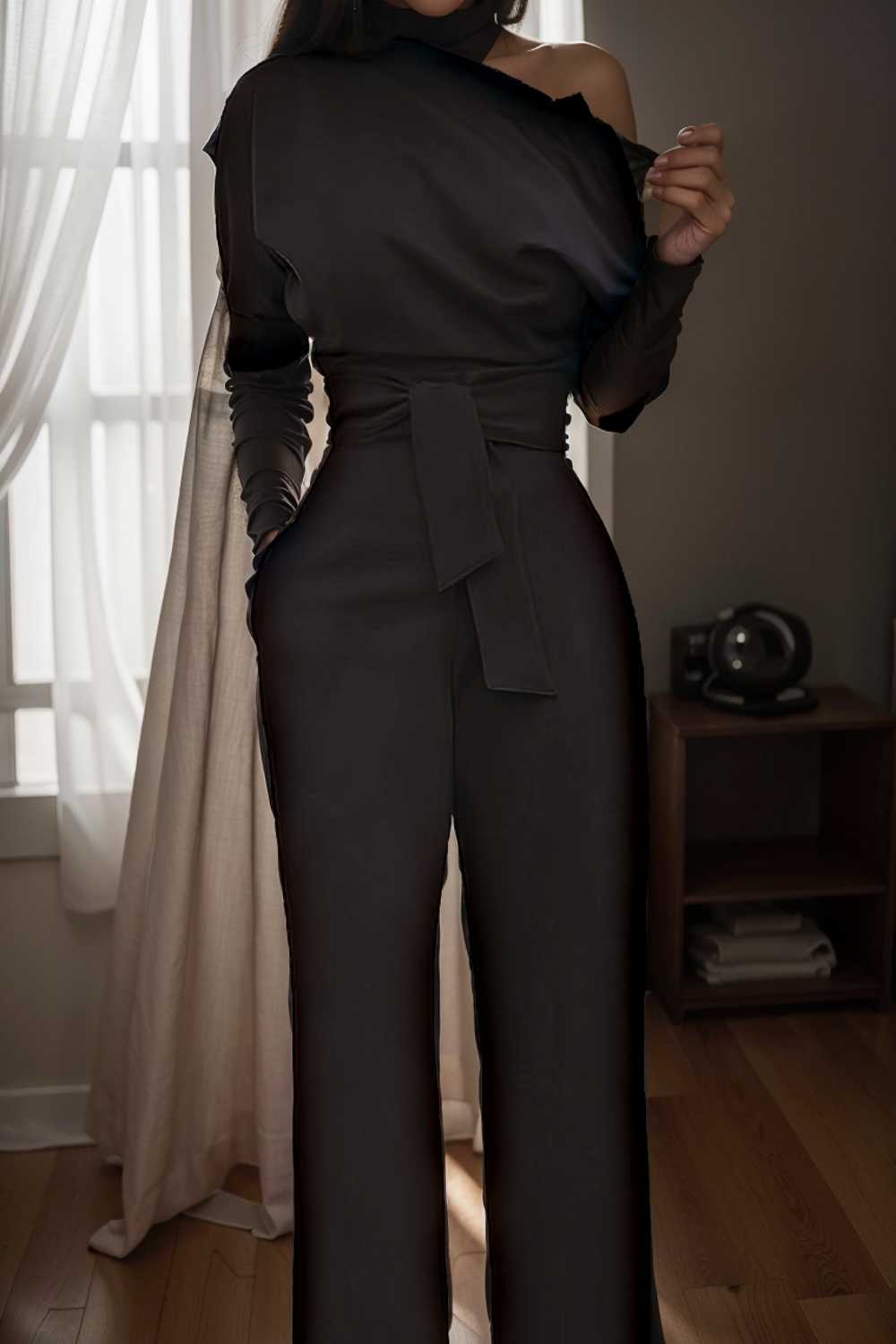 solid color one shoulder short sleeve jumpsuit 112735