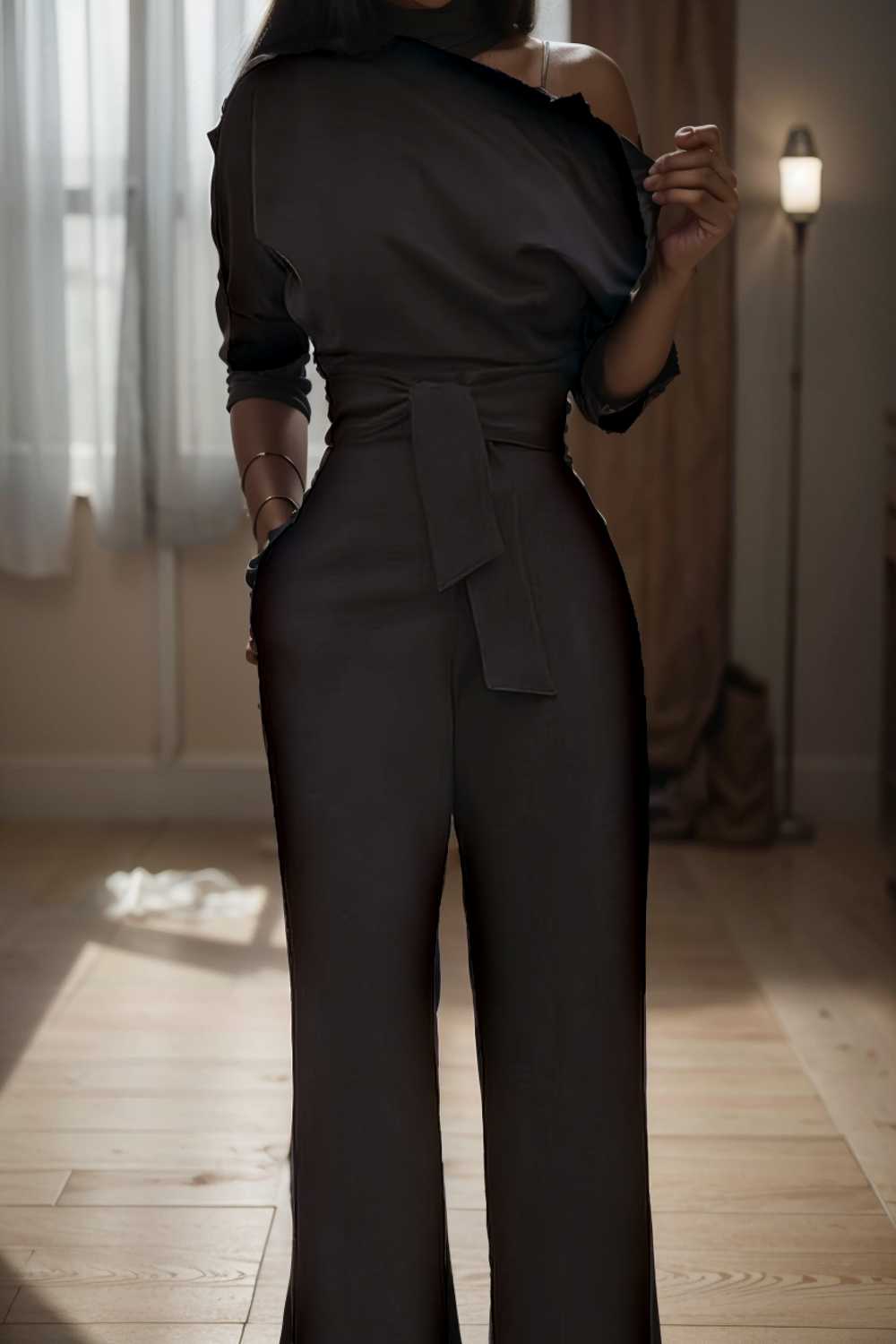 solid color one shoulder short sleeve jumpsuit 112216