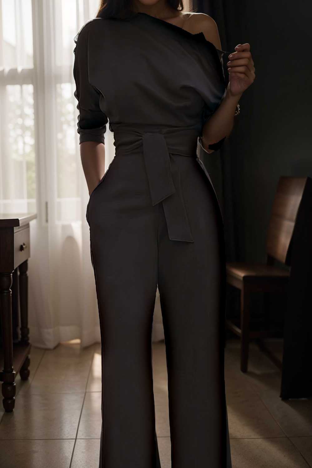 solid color one shoulder short sleeve jumpsuit 112209
