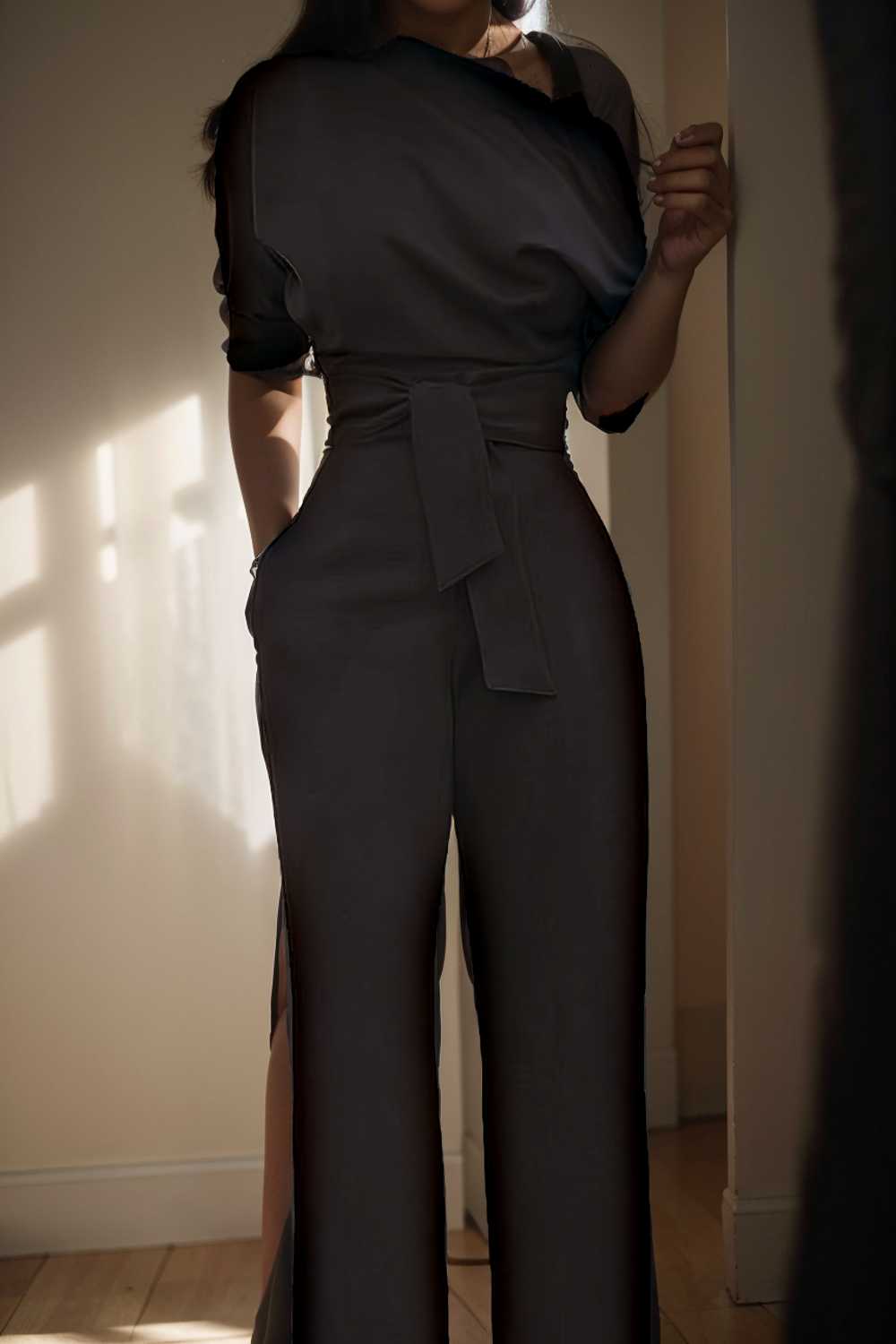 solid color one shoulder short sleeve jumpsuit 112208