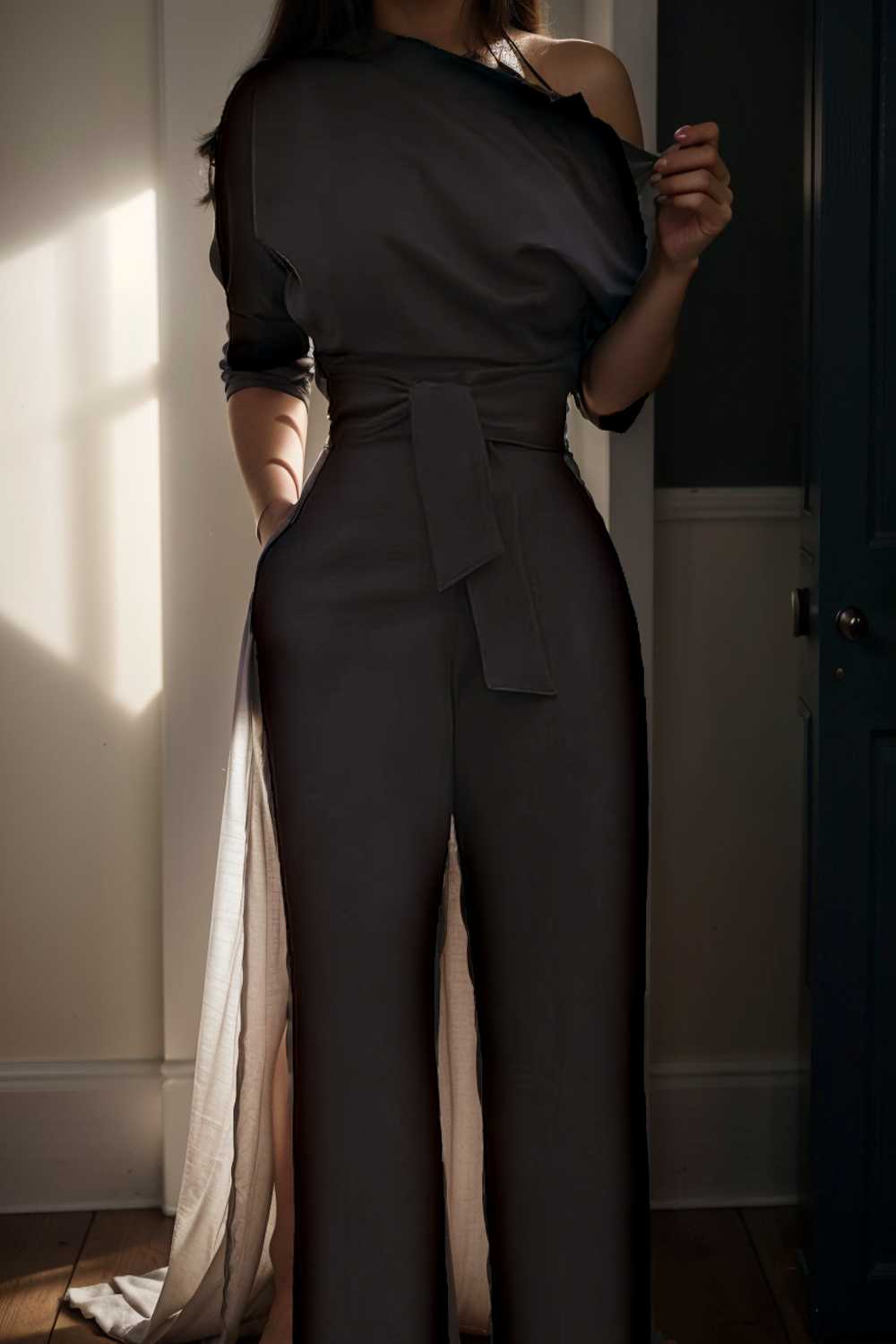 solid color one shoulder short sleeve jumpsuit 112107