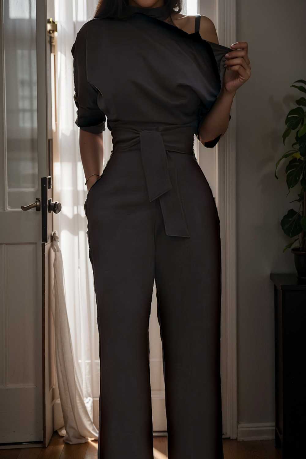 solid color one shoulder short sleeve jumpsuit 112106