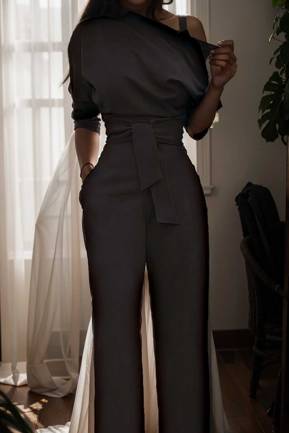 solid color one shoulder short sleeve jumpsuit 112104