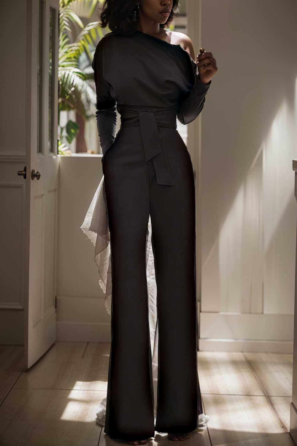 solid color one shoulder short sleeve jumpsuit 112097
