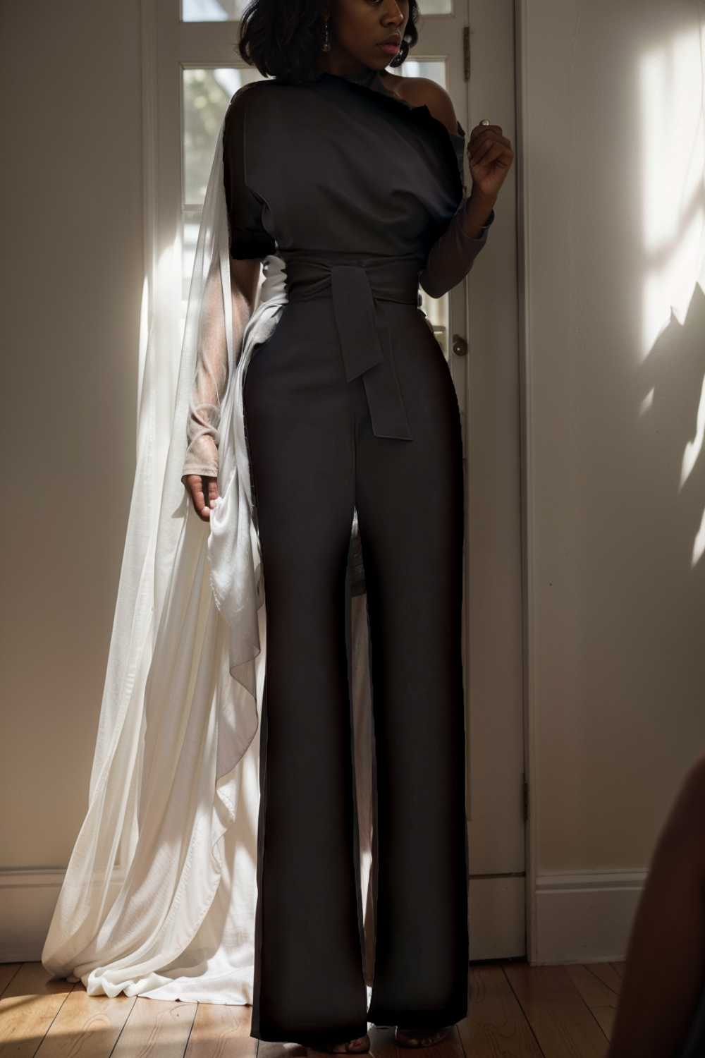 solid color one shoulder short sleeve jumpsuit 108467
