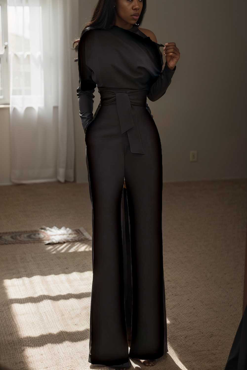 solid color one shoulder short sleeve jumpsuit 112094