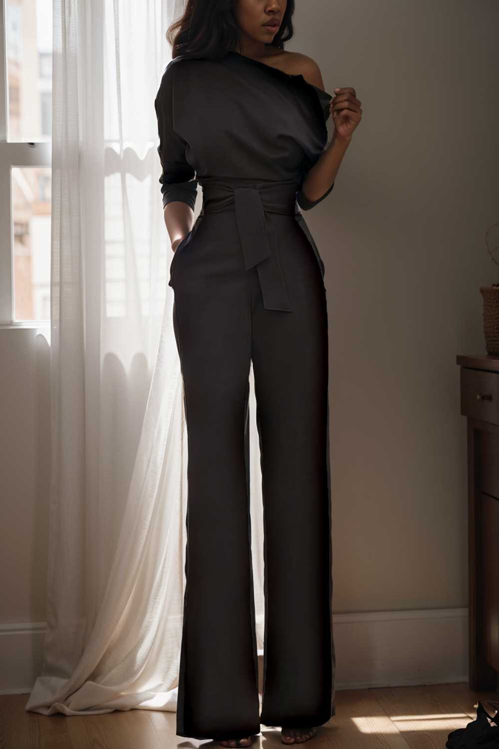 solid color one shoulder short sleeve jumpsuit 112093