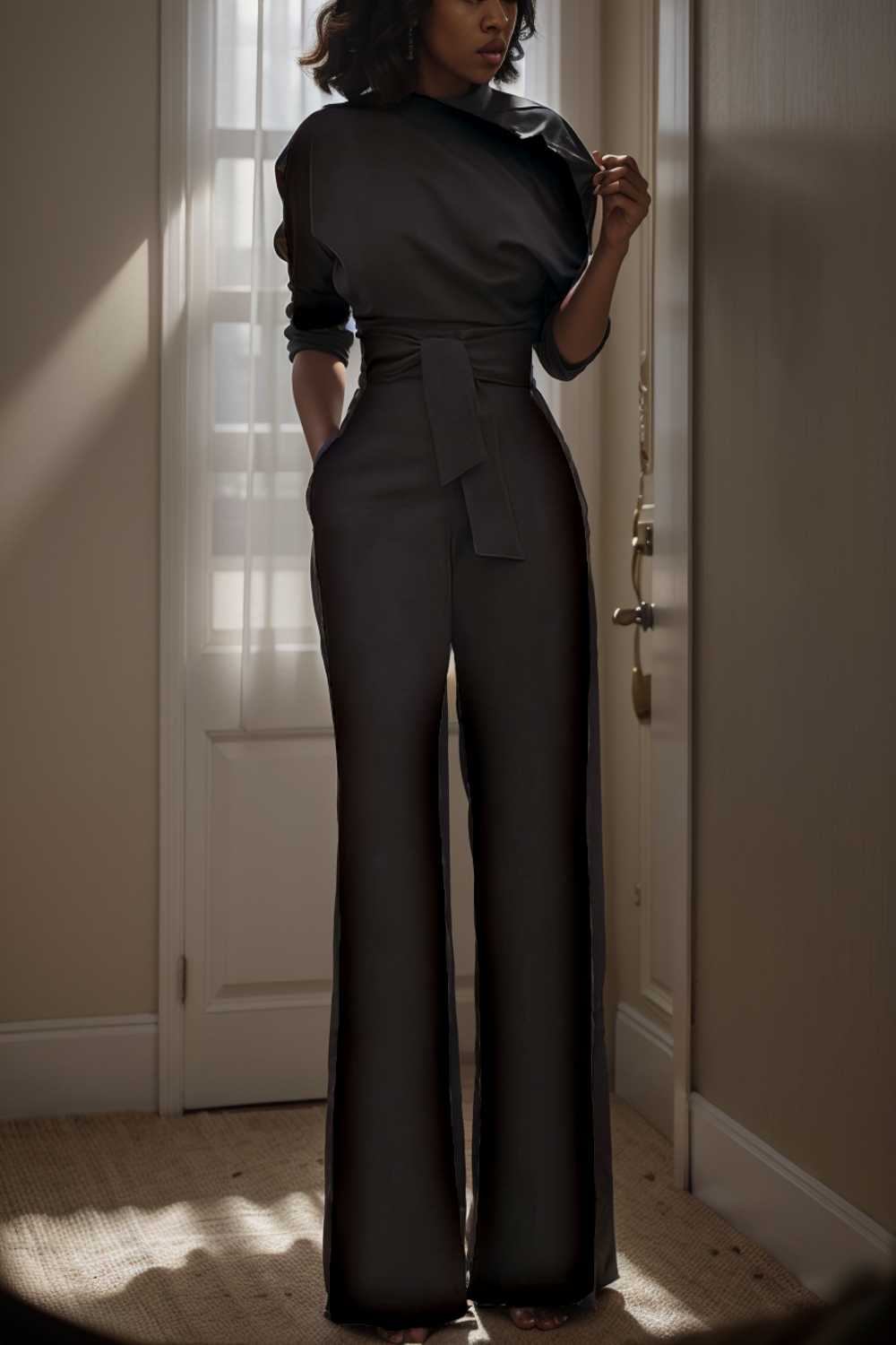 solid color one shoulder short sleeve jumpsuit 112088