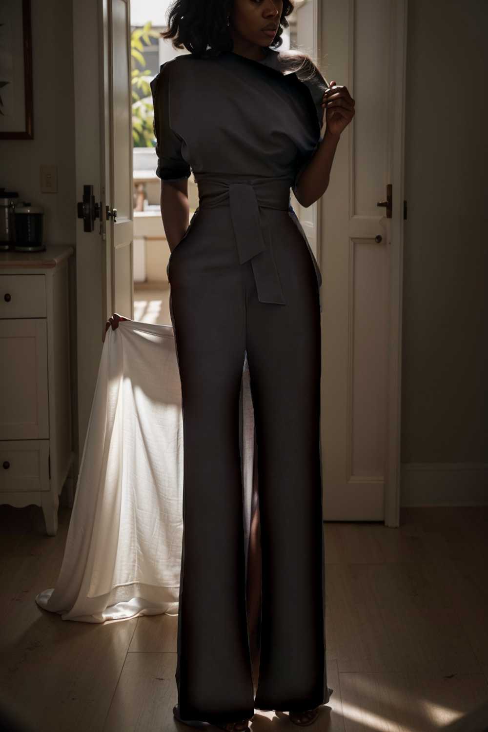 solid color one shoulder short sleeve jumpsuit 112083