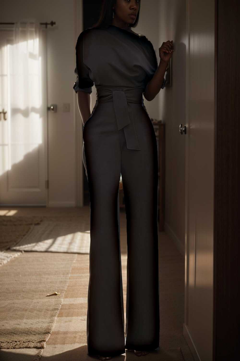 solid color one shoulder short sleeve jumpsuit 112082