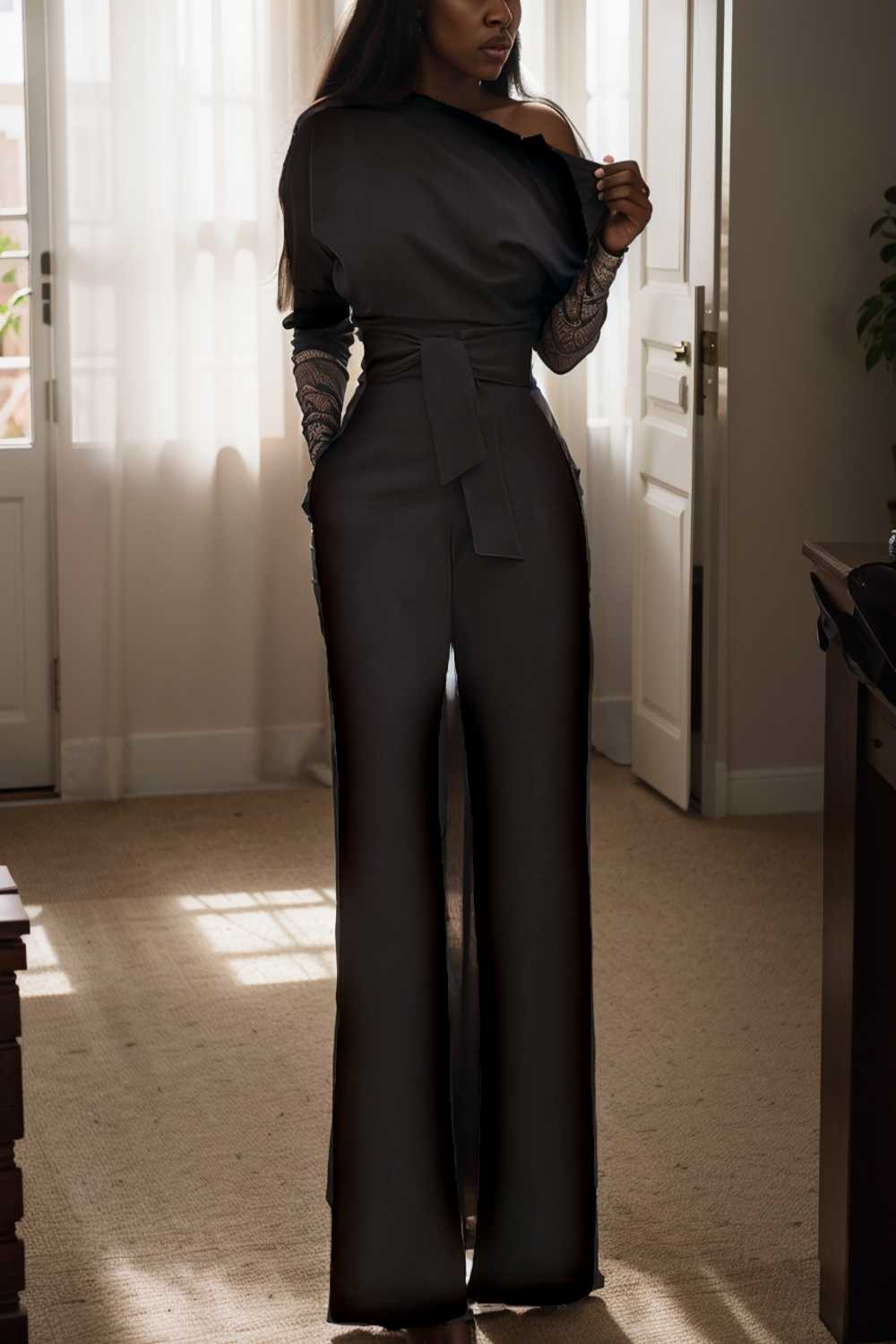 solid color one shoulder short sleeve jumpsuit 112081