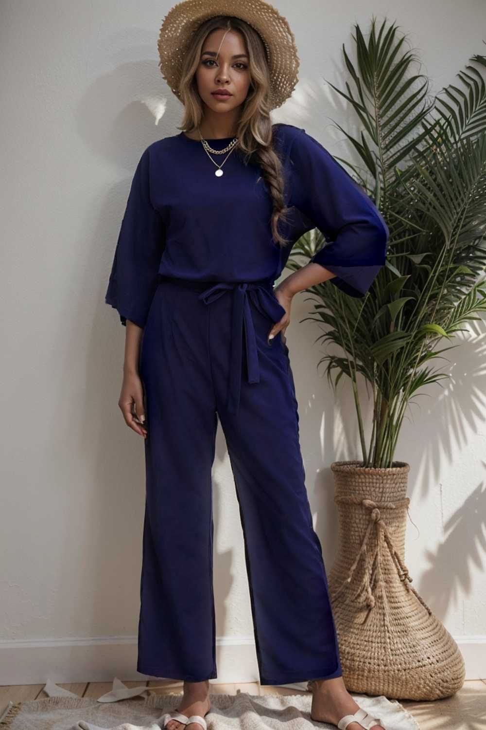 solid color one shoulder short sleeve jumpsuit 111078