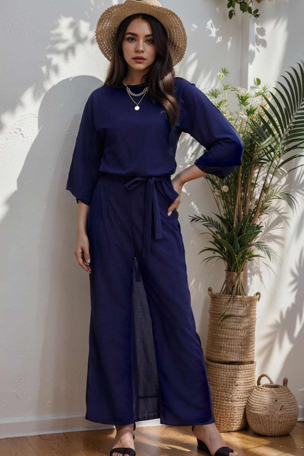 solid color one shoulder short sleeve jumpsuit 110173