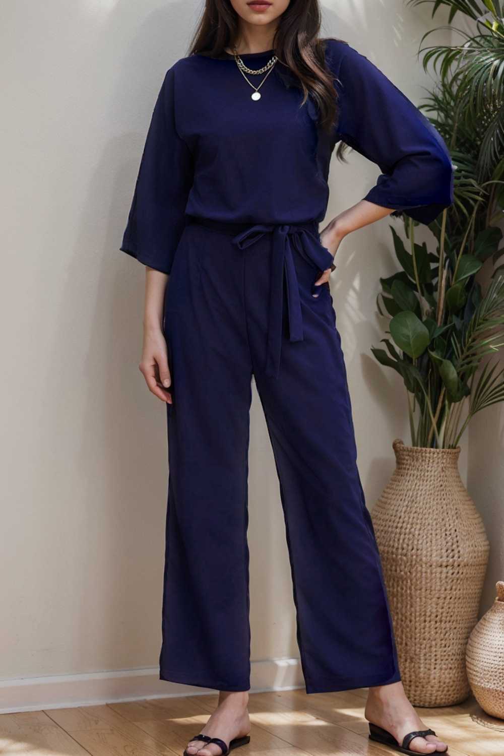 solid color one shoulder short sleeve jumpsuit 108439