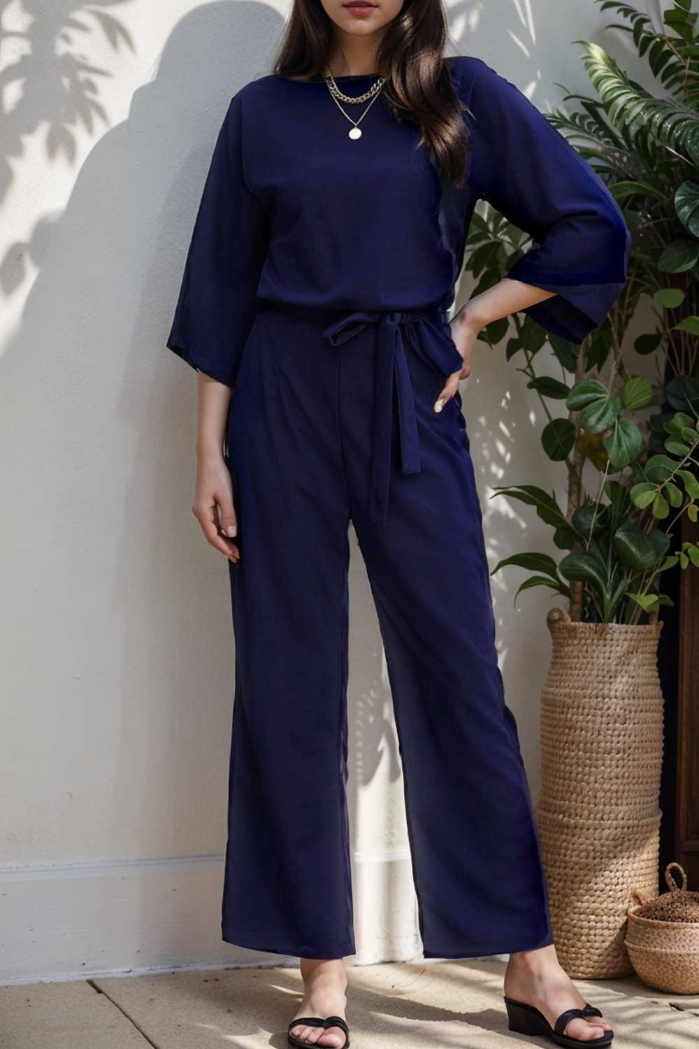 solid color one shoulder short sleeve jumpsuit 108438