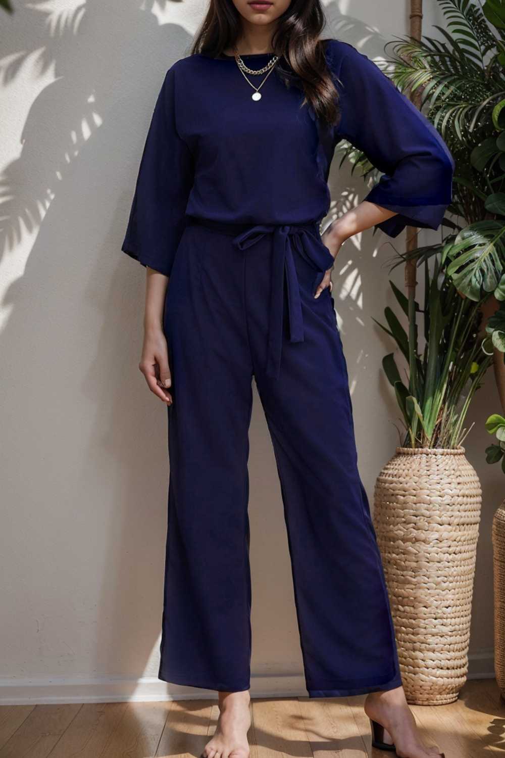 solid color one shoulder short sleeve jumpsuit 111073