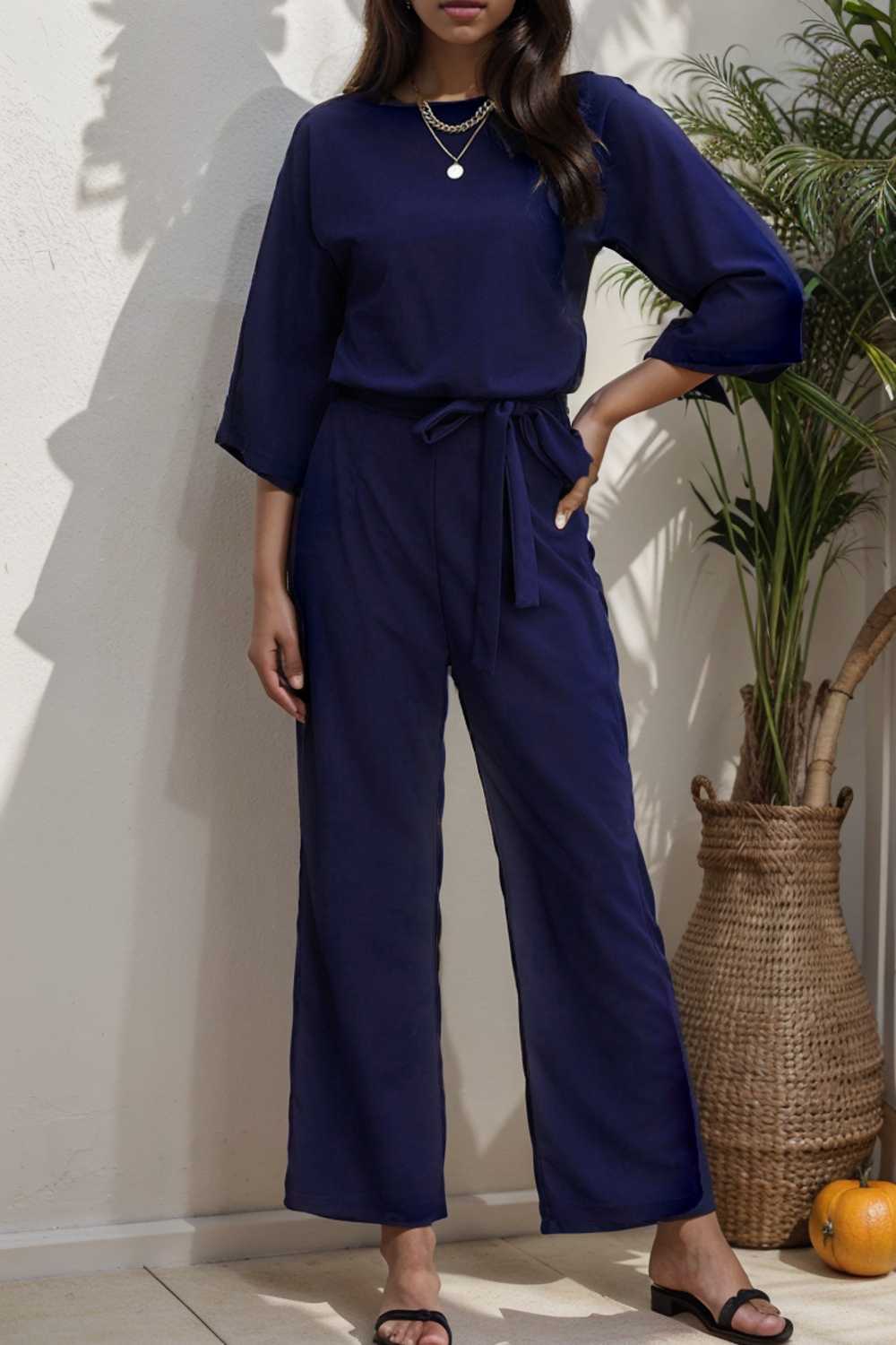 solid color one shoulder short sleeve jumpsuit 112196