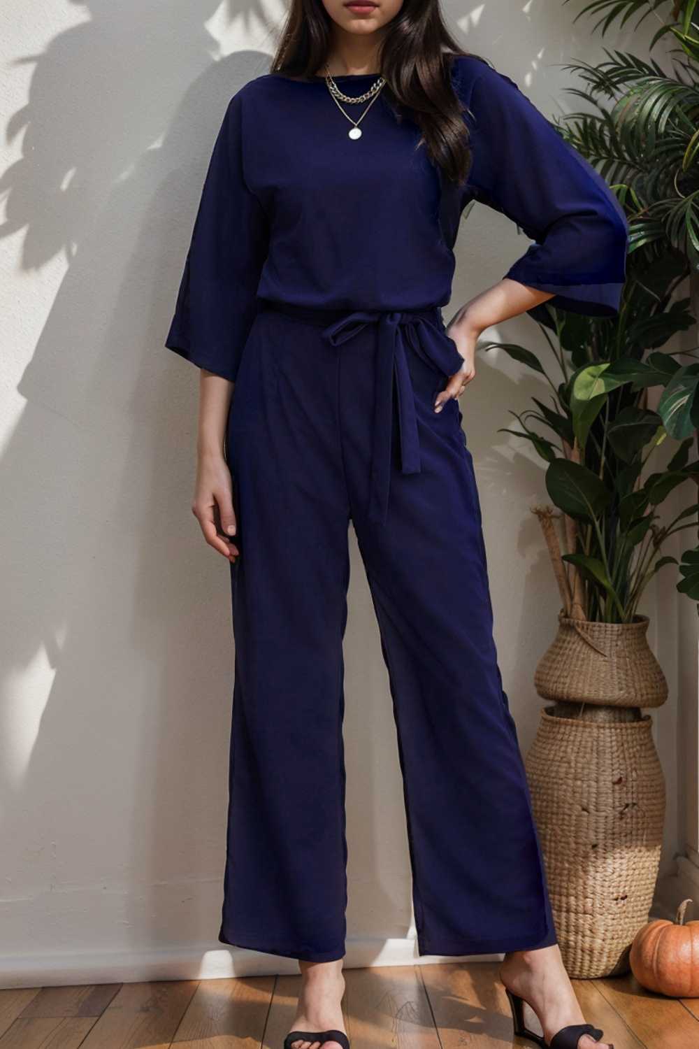 solid color one shoulder short sleeve jumpsuit 112194