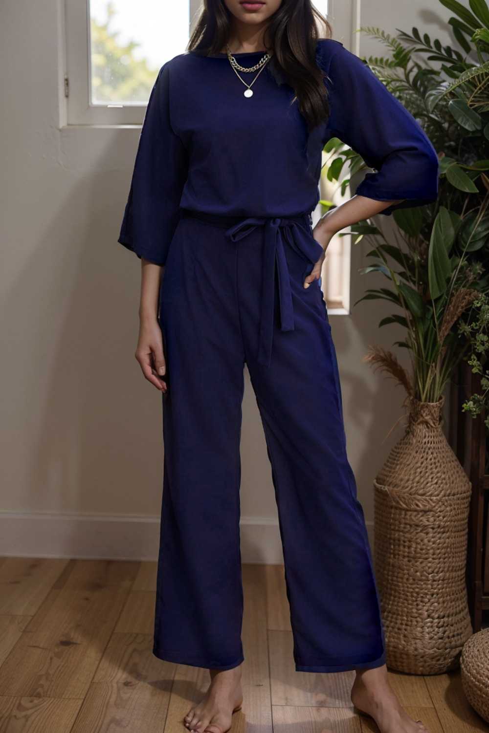 solid color one shoulder short sleeve jumpsuit 112190