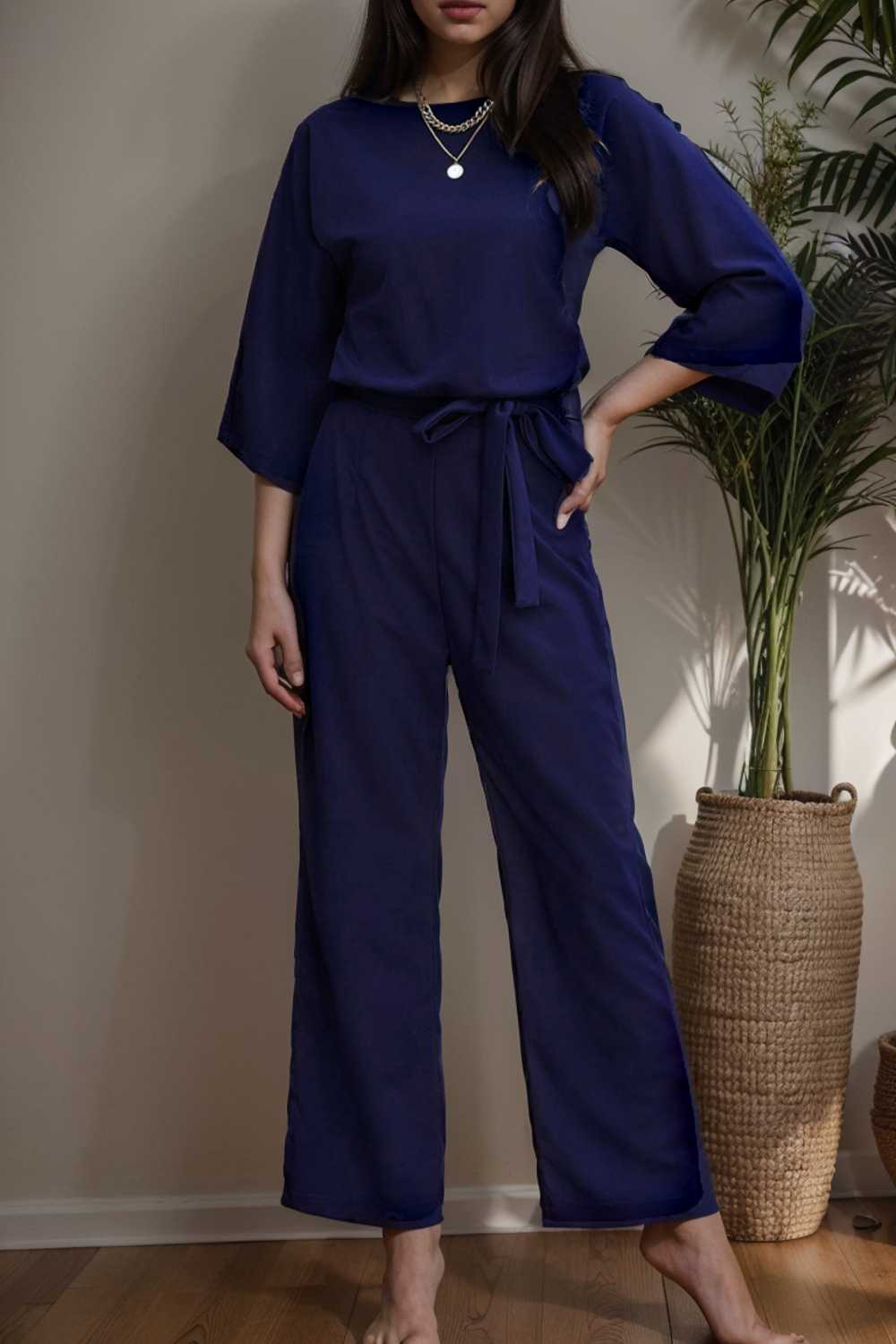 solid color one shoulder short sleeve jumpsuit 112187