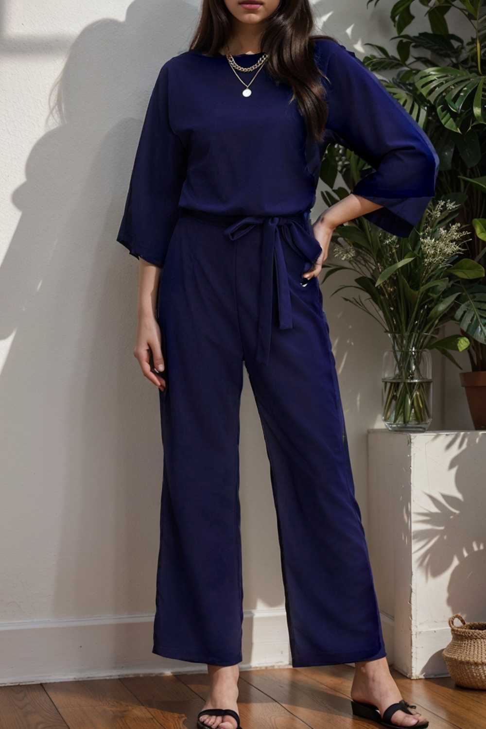 solid color one shoulder short sleeve jumpsuit 112186