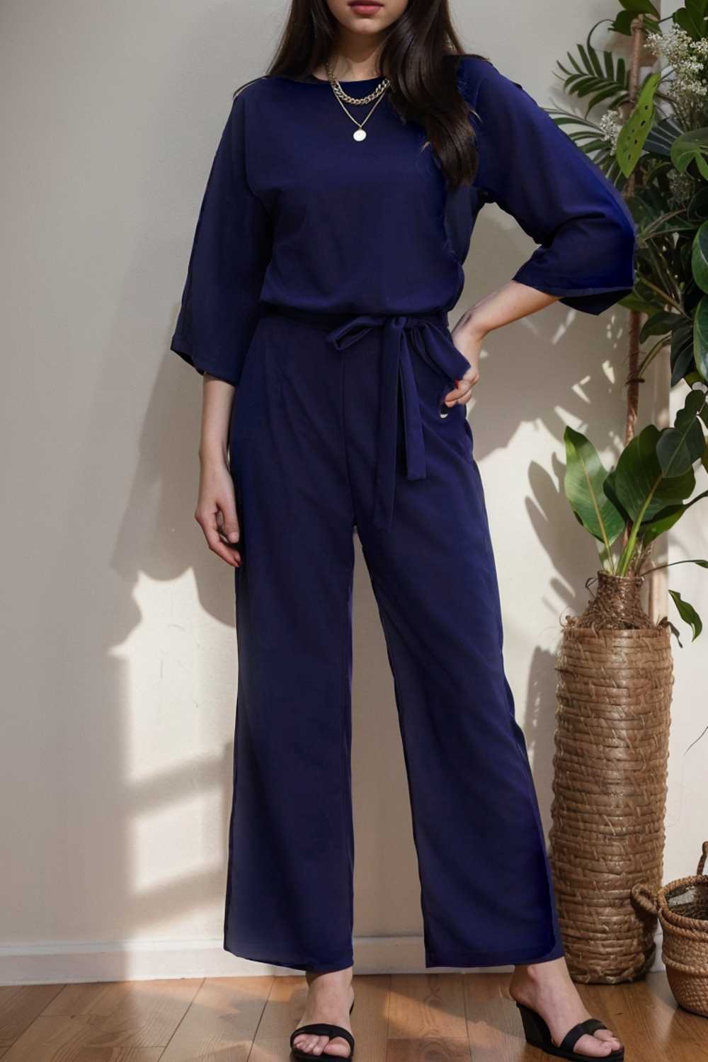 solid color one shoulder short sleeve jumpsuit 108437