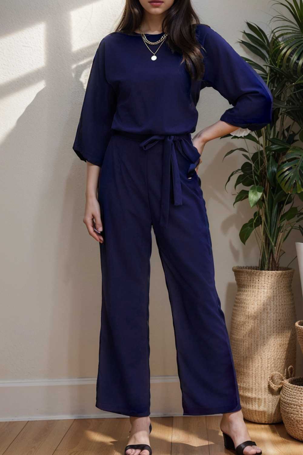 solid color one shoulder short sleeve jumpsuit 108436