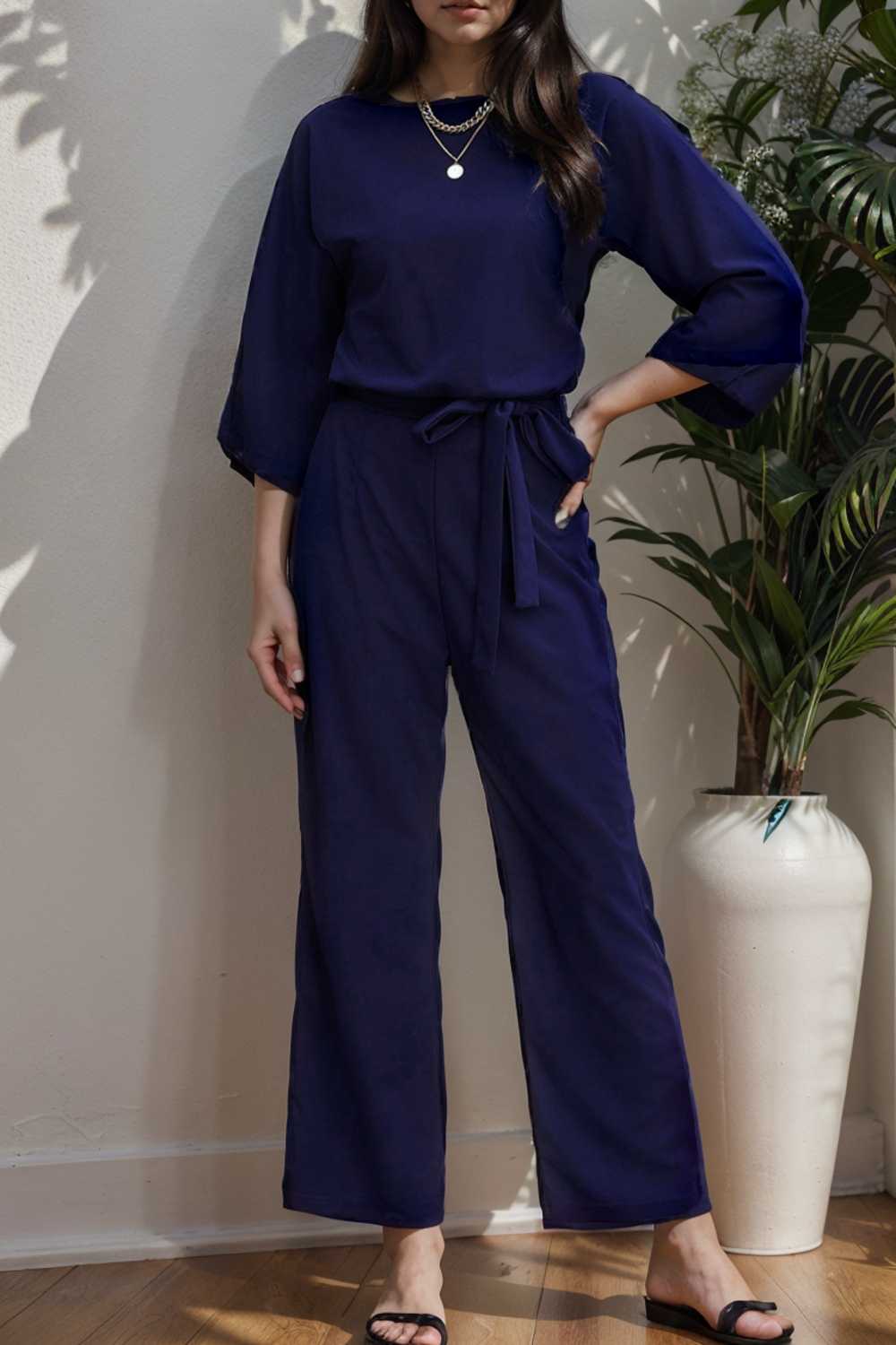 solid color one shoulder short sleeve jumpsuit 104966