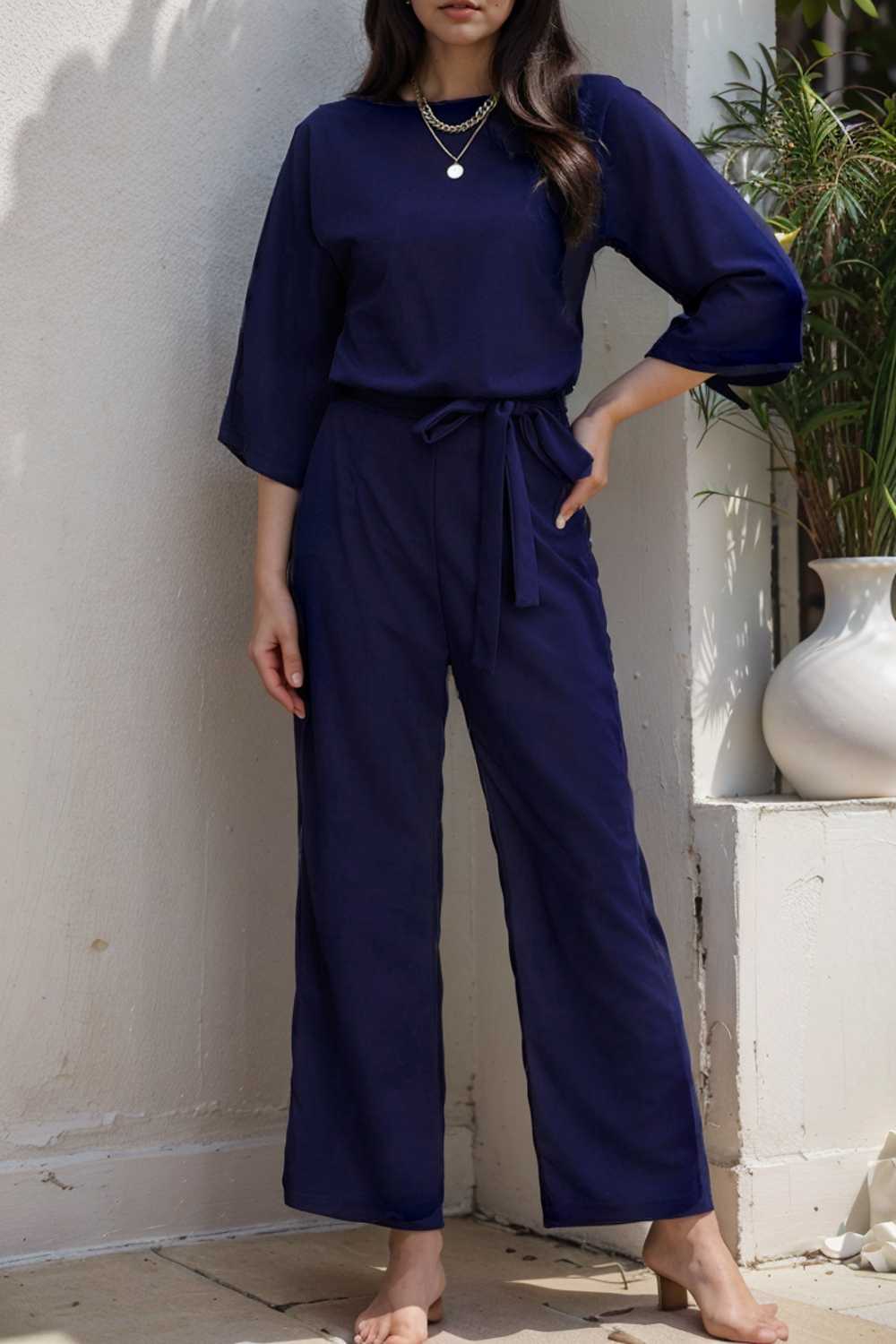 solid color one shoulder short sleeve jumpsuit 104964