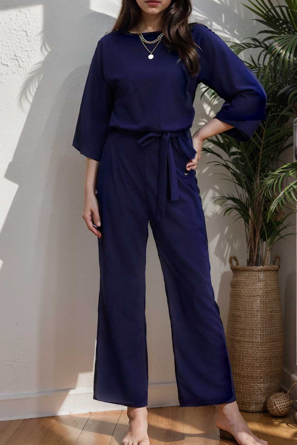 solid color one shoulder short sleeve jumpsuit 112158