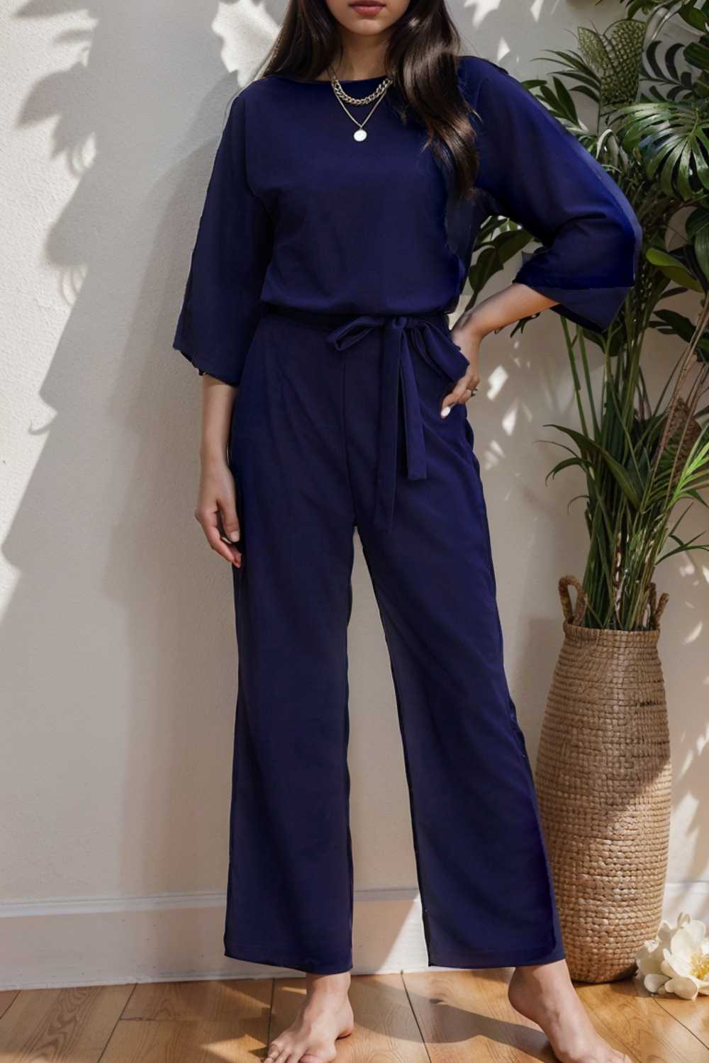 solid color one shoulder short sleeve jumpsuit 112155