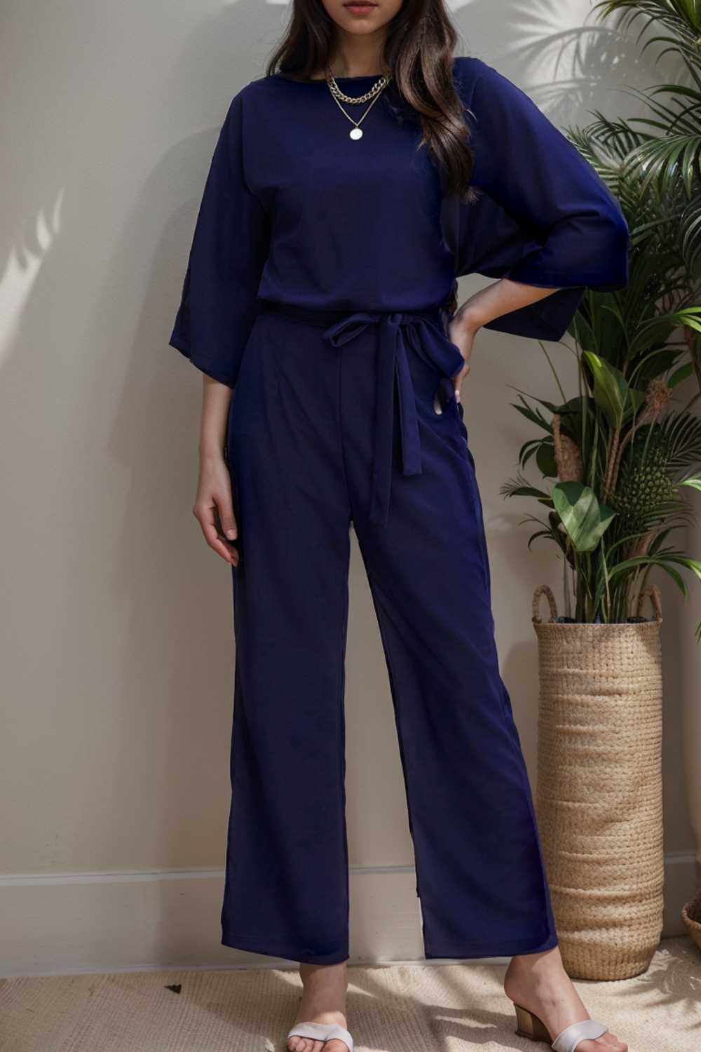 solid color one shoulder short sleeve jumpsuit 112154