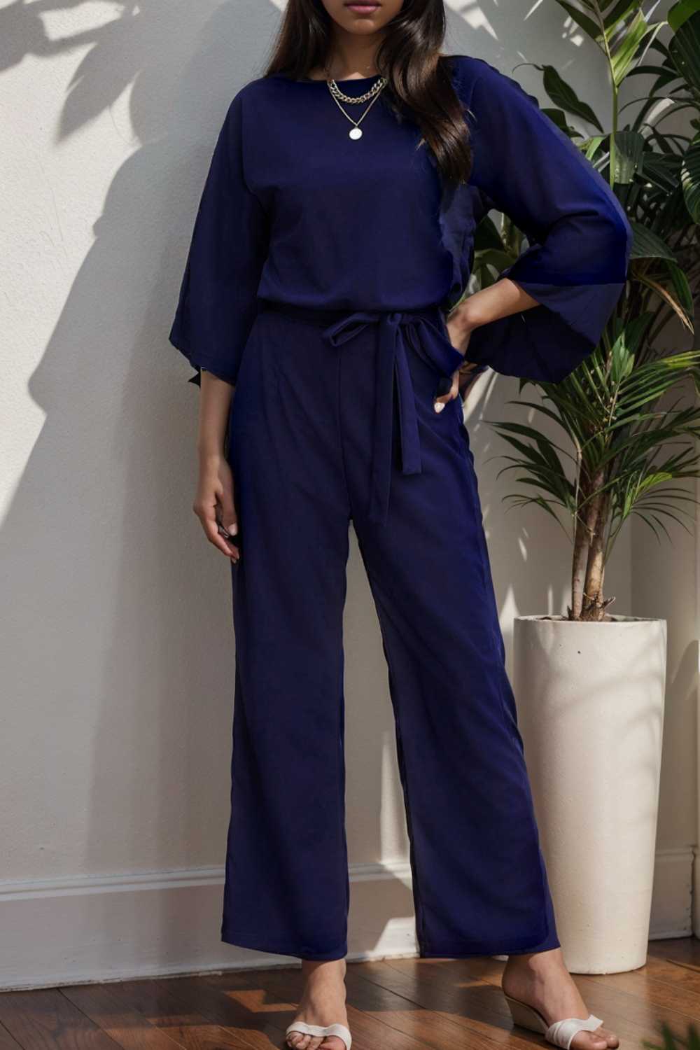 solid color one shoulder short sleeve jumpsuit 112152