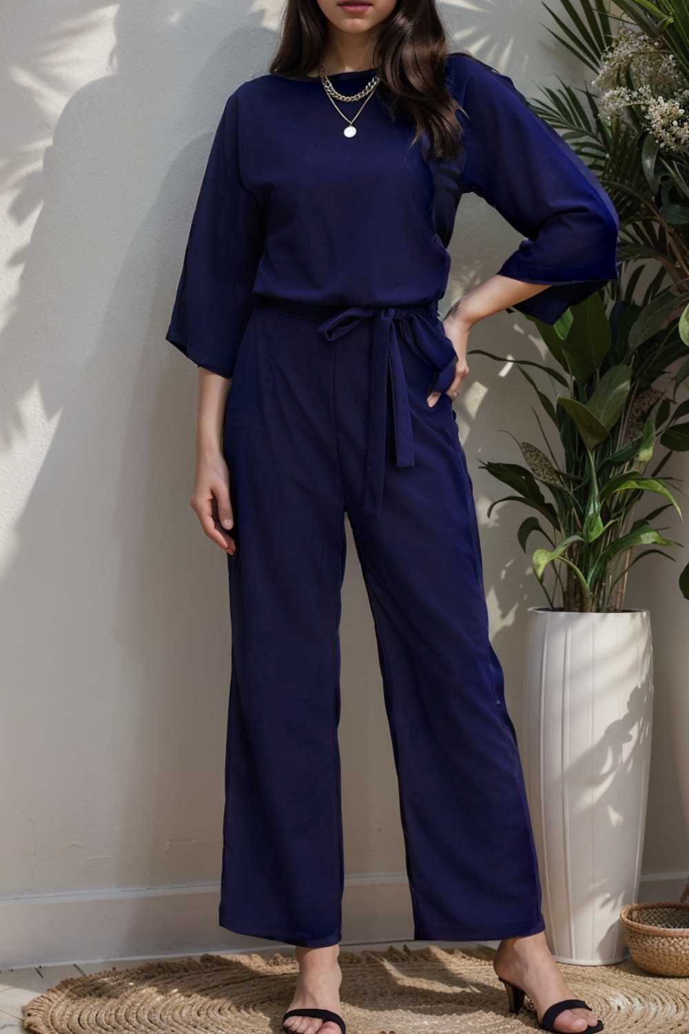 solid color one shoulder short sleeve jumpsuit 112151