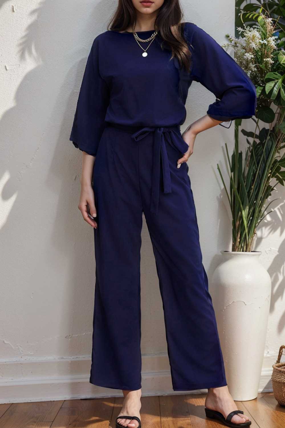 solid color one shoulder short sleeve jumpsuit 112147