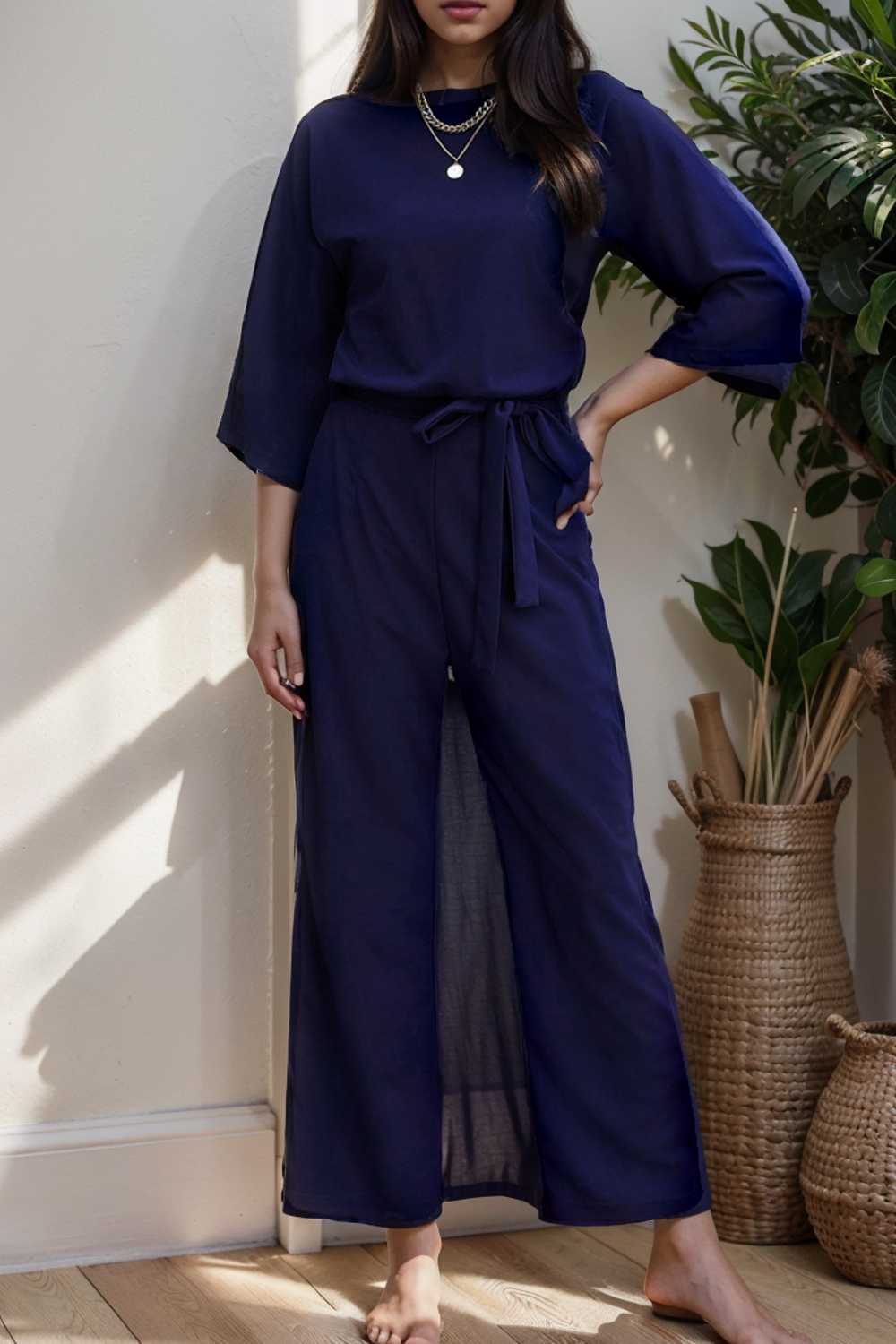solid color one shoulder short sleeve jumpsuit 112145