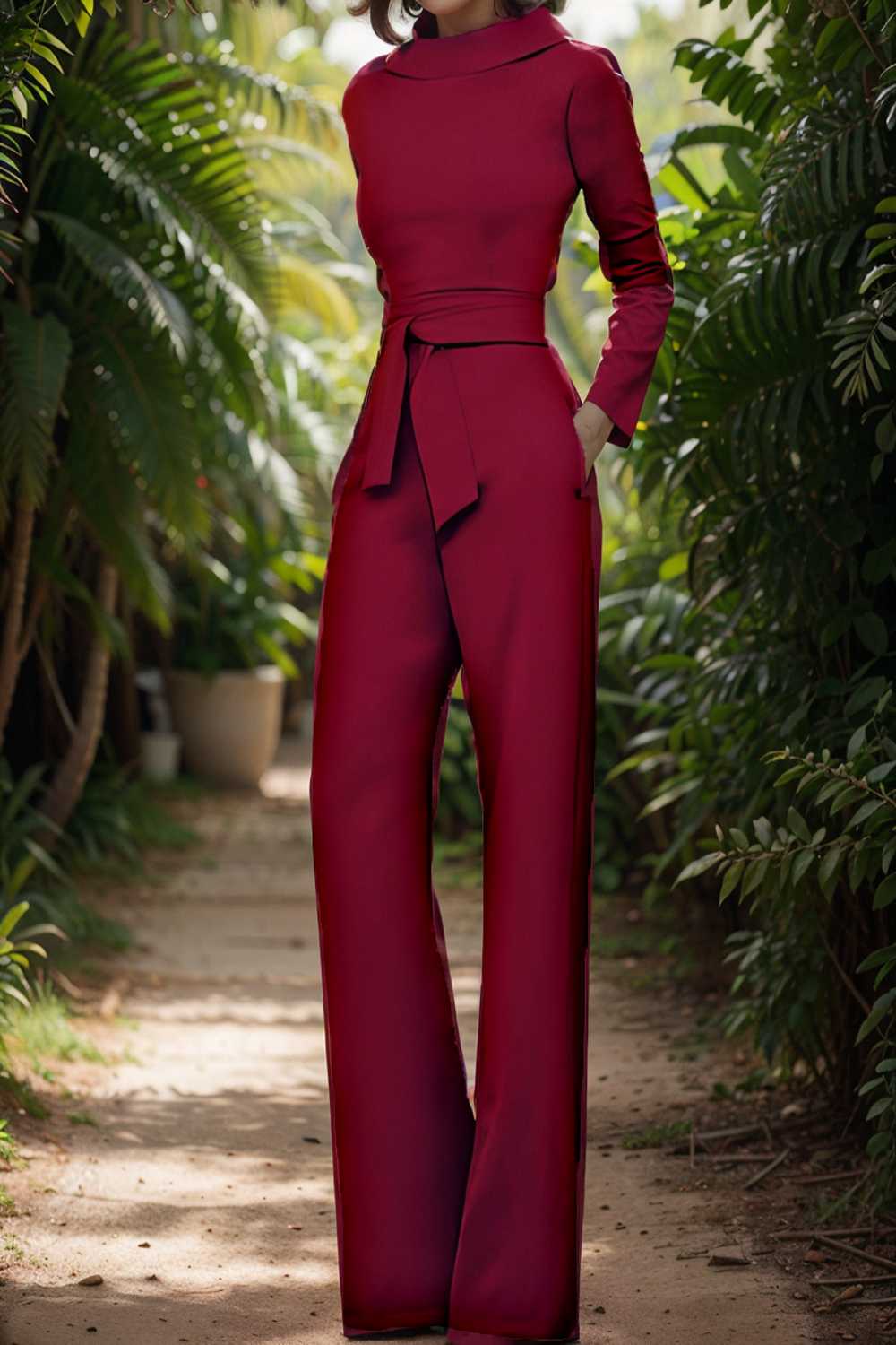 solid five point sleeve belted wide leg jumpsuit 112142
