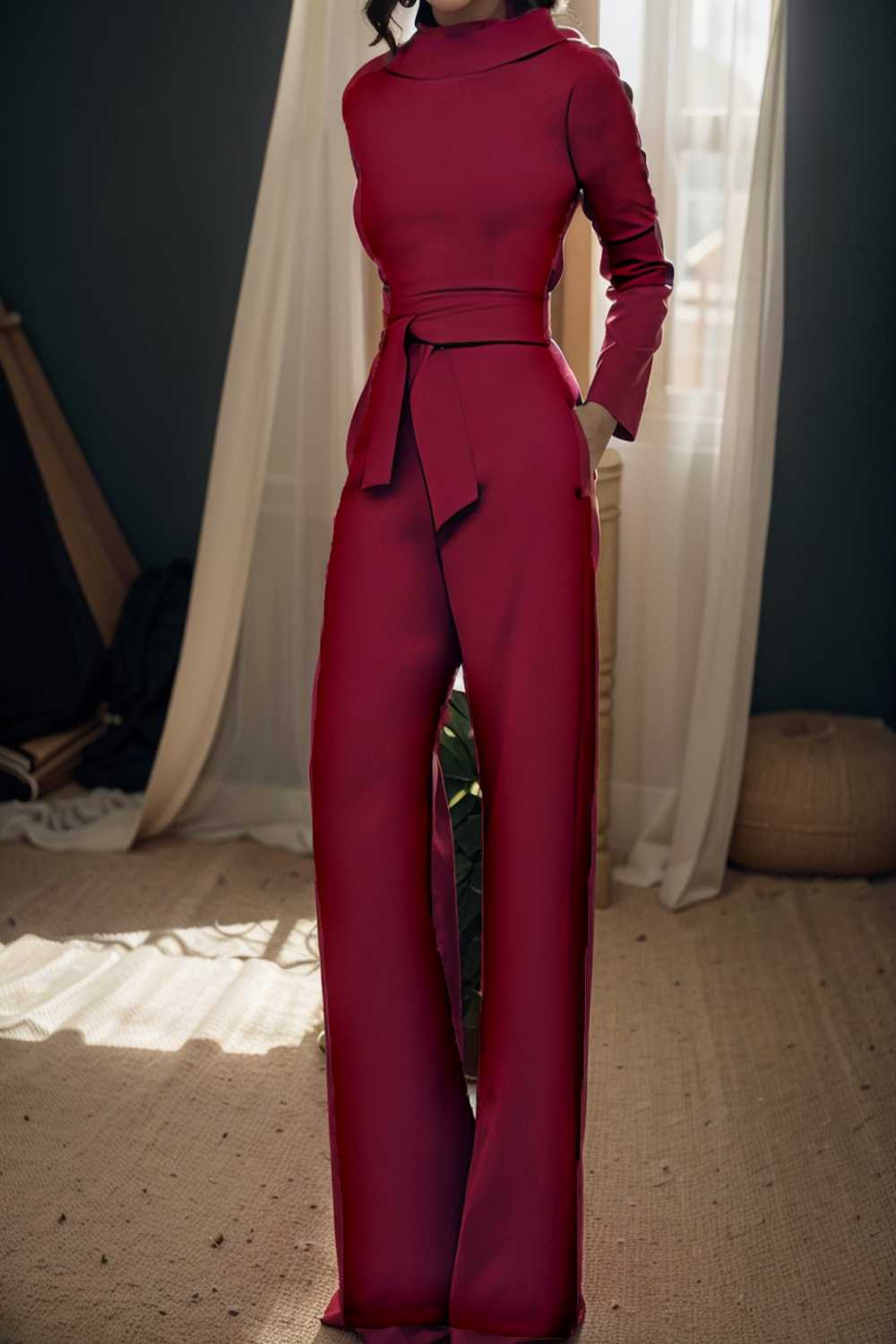 solid five point sleeve belted wide leg jumpsuit 112733